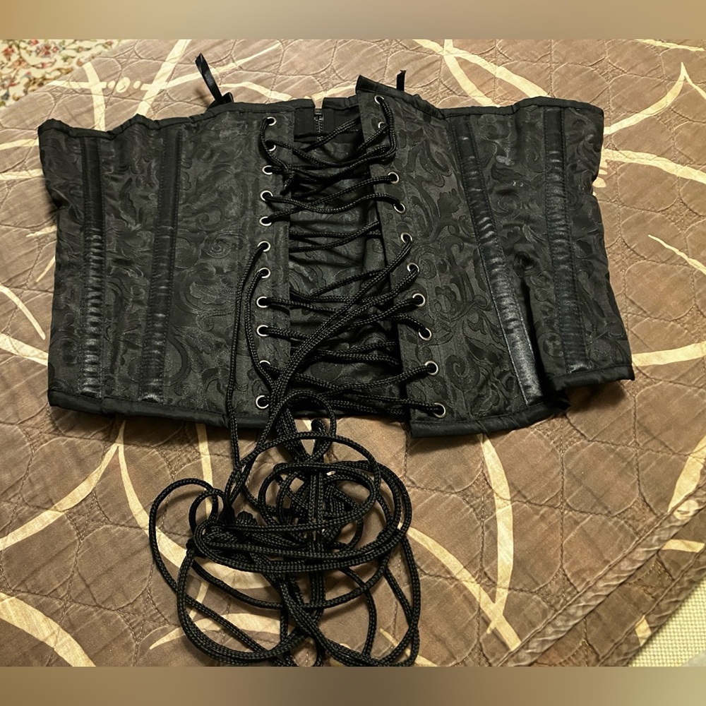 Vintage black zip top brocade under bust corset with piping
